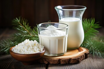 Poster - A simple depiction of a glass of milk and a bowl of rice on a table. Suitable for various food and dining related themes