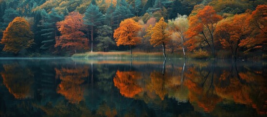 Poster - A picturesque autumnal landscape featuring a serene lake with trees mirrored in the calm water, surrounded by a vibrant natural backdrop of plants, flowers, and grass.