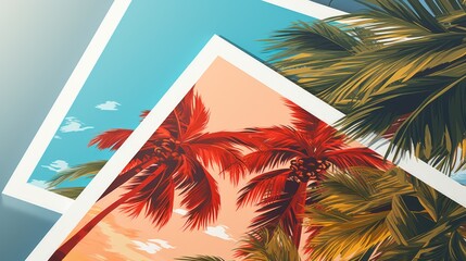 Canvas Print - Two pictures of palm trees against a vibrant blue background. Perfect for tropical and vacation-themed designs