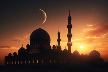 Wall Mural - A stunning sunset view of a mosque with a crescent in the sky. This image captures the beauty and serenity of the moment. Perfect for religious or cultural themes