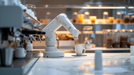 A robotic arm is precisely brewing espresso, part of an automated coffee-making process in a high-tech, minimalist cafe environment.