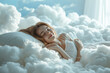 Happy Young beautiful woman sleeps and resting on a bed with a soft white dazzling pillows that float in the soft clouds.