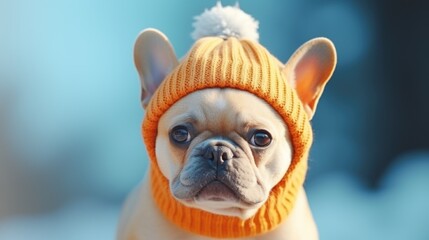 Wall Mural - A cute small dog wearing a knitted hat. Perfect for pet lovers and winter-themed designs