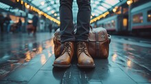 A Traveler Stands With Leather Boots And A Bag On A Wet Platform At A Train Station, Capturing The Start Of A Journey On A Rainy Day.