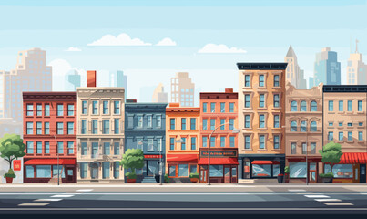 Sticker - City street with set of buildings vector illustration