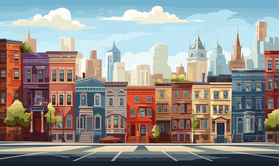 Sticker - City street with set of buildings vector illustration