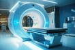 An image of a blue MRI machine in a hospital room. This picture can be used to illustrate medical procedures and healthcare technology