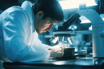 Poster - A man in a lab coat carefully observes a specimen through a microscope. This image can be used to depict scientific research, laboratory work, or the study of microorganisms