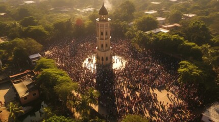 Wall Mural - A large crowd of people gathered around a clock tower. Perfect for illustrating community events and city life