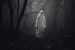 A mysterious and eerie ghostly figure standing in a dark and haunting forest. Perfect for spooky or supernatural themed projects