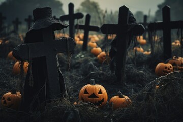 Wall Mural - A spooky scene of a cemetery filled with pumpkins and tombstones. Perfect for Halloween-themed designs and decorations