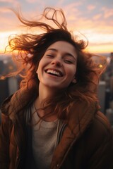 Poster - A woman with her hair blowing in the wind. Perfect for fashion and beauty concepts