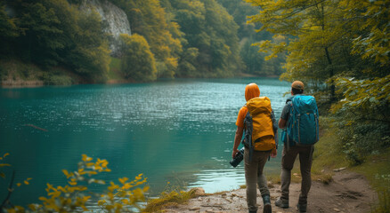 hiking young men with camera with the green lake