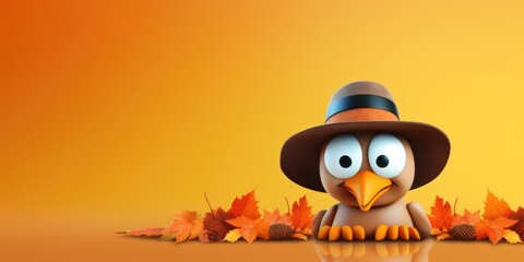 Canvas Print - A cute cartoon bird wearing a hat perches on a pile of autumn leaves. Perfect for nature-themed designs or children's illustrations