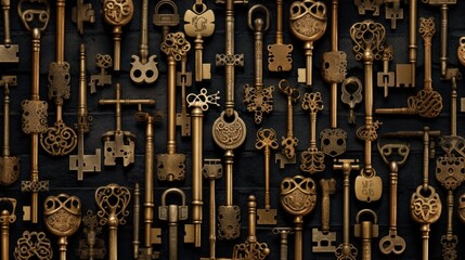 A collection of keys hanging on a wall. Suitable for various purposes