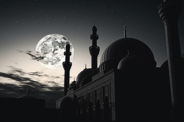 A black and white photo of a mosque with a full moon in the background. Suitable for various design projects and religious themes