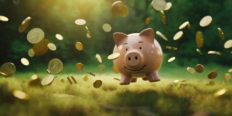 Wall Mural - A piggy bank sitting in a field of gold coins. Ideal for financial concepts and savings themes