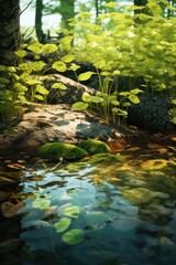 Poster - A picture of a stream running through a lush green forest. This image can be used to depict the beauty and tranquility of nature