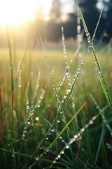 Sticker - A picture of a field of grass with water droplets on it. Perfect for nature-themed designs or illustrating concepts like freshness and rejuvenation