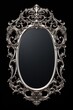 A silver oval mirror on a black background. Perfect for adding a touch of elegance and sophistication to any space