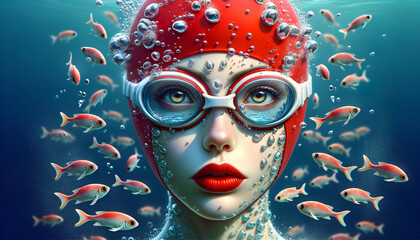 Poster - Surreal portrait of a woman submerged underwater, wearing goggles, surrounded by small fish with air bubbles around, against a deep sea backdrop.Portrait concept. AI generated.