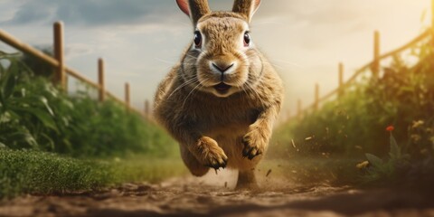 Wall Mural - A rabbit is captured in motion as it runs down a dirt road near a fence. This versatile image can be used to depict concepts such as freedom, nature, and rural settings