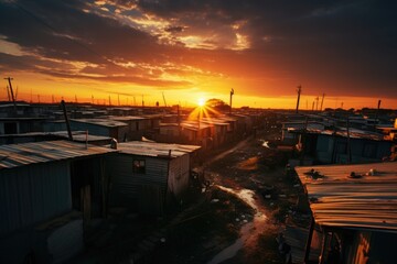 Poster - A picturesque sunset scene with the sun setting over a row of shacks. Perfect for capturing the beauty of nature and the simplicity of rural living