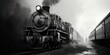 A black and white photo of a steam engine train. Suitable for vintage or historical themes
