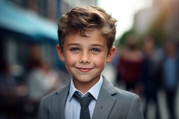 Wall Mural - A young boy dressed in a formal suit and tie. Suitable for business, formal events, or school-related themes