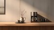 © Fotograf - A coffee maker placed on a sturdy wooden counter. Perfect for home or office use