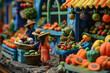 Clay figurines at a colorful farmers market. Handcrafted miniature vegetable stalls concept for design and stop-motion animation