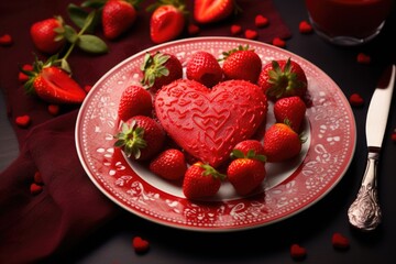 Poster - A delicious heart-shaped cake on a plate adorned with fresh strawberries. Perfect for celebrating special occasions or indulging in a sweet treat