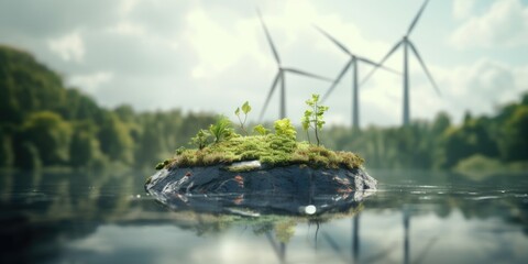 Wall Mural - A small island situated in the middle of a serene lake with wind turbines visible in the background. This image captures the beauty of nature combined with renewable energy sources.