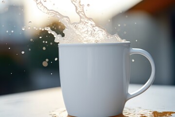 Poster - Water splashing out of a white cup. Perfect for refreshing and energetic concepts