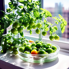 fresh tomato , tomato drops on water, green tomato with lief