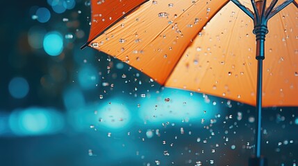 Sticker - An orange umbrella with water droplets. Can be used to depict protection from rain or a rainy day