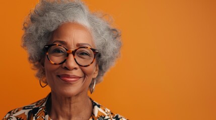 Sticker - Smiling elderly woman with gray hair wearing glasses and a patterned top against an orange background.