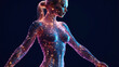 Schematic woman body structure made of glowing geometric pattern with network connection. Concept of computer science and robotics. Generative AI