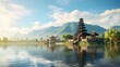 © Fotograf - A serene image of a pagoda situated in the middle of a peaceful lake. Perfect for travel brochures or tranquil-themed designs