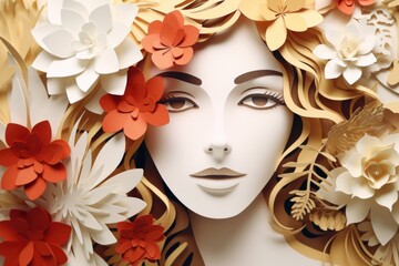 Wall Mural - A close-up of a woman's face surrounded by delicate paper flowers. Perfect for adding a touch of beauty and elegance to any project or design