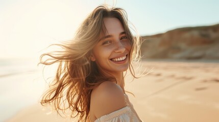 Wall Mural - Young woman with long blonde hair smiling at the camera standing on a sandy beach with the sun shining on her face and hair wearing a white off- the-shou Ider top.