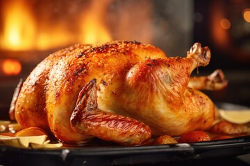 Canvas Print - A delicious roasted chicken served on a plate with tangy lemon wedges. Perfect for any meal or occasion