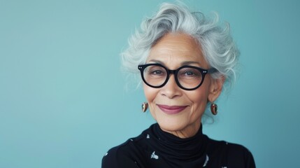 Sticker - Elegant woman with silver hair wearing oversized black glasses a black turtleneck and gold earrings smiling against a light blue background.