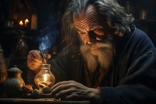 Mysterious Old medieval alchemist. Lab alchemy. Fictional person. Generate Ai