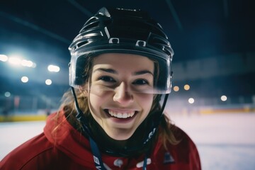 Wall Mural - A woman wearing a hockey helmet and goggles. Perfect for sports enthusiasts and athletes