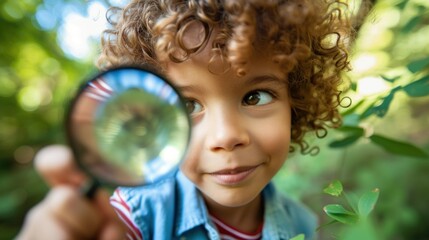 Wall Mural - A young child with curly hair wearing a blue shirt holding a magnifying glass and looking intently into it surrounded by green foliage.