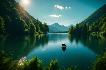 Wall Mural - A serene lakeside scene with a lone boat drifting under a clear blue sky, surrounded by lush green trees and mountains in the distance