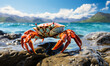 Vibrant Sally Lightfoot Crab Perched on Rocky Shore with Ocean Background, Wildlife in Natural Habitat, Coastal Ecosystem and Marine Life