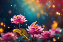 Pink Flowers Background With Bokeh And Copy Space, Generative AI