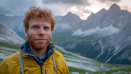 Man in Yellow Jacket Standing in Front of Mountains